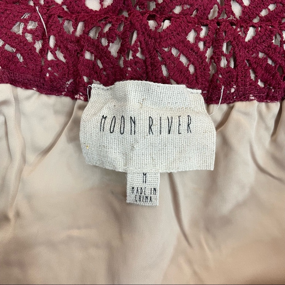Moon River Burgundy Crochet Lace Off Shoulder Top - Picture 7 of 8